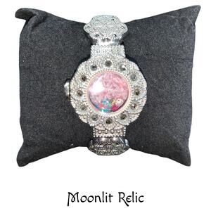 Crystal Watch Bracelet in Silver Filigree-Moonlit Relic Hand Crafted